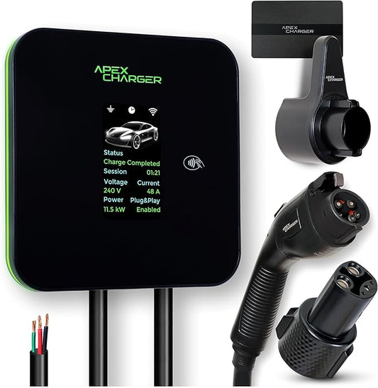 MACH 2:Fast Level 2 EV Charger 48 amp Garage-pro Wall-Mount. Hardwired EVSE Electric Vehicle Charging Station. J1772 car Connector. Key Accessories: 30ft Cable & Tesla NACS evse Portable Adapter