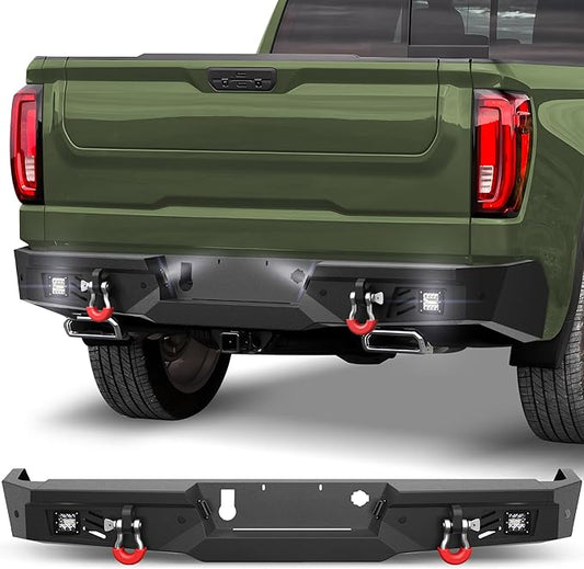Silverado Rear Back Bumper w/Lights for 2019-2025 Chevy Silverado 1500/GMC Sierra 1500, 2019 2020 2021 2022 2023 2024 2025 Silverado/Sierra 1500 Truck Steel Rear Bumper w/LED Lights, D-rings