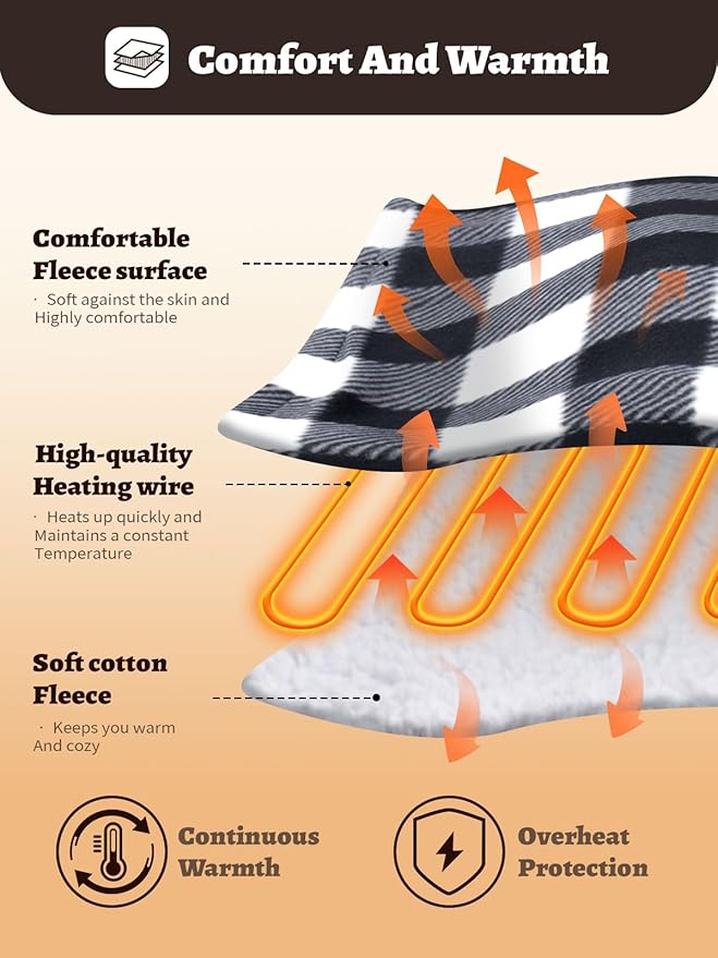 12V Car Heated Blanket 59"x39"Portable Heated Blanket for Travel with 4 Heating 4 Timing Settings Soft and Comfortable for Car SUV Camping（Black&White）