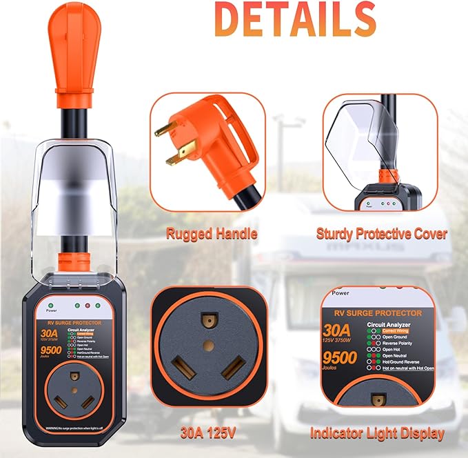 GEARGO RV Surge Protector 30 Amp, 9500 Joules RV Circuit Analyzer, IP68 Surge Voltage Protection, RV Adapter Plug for Camper (Orange)