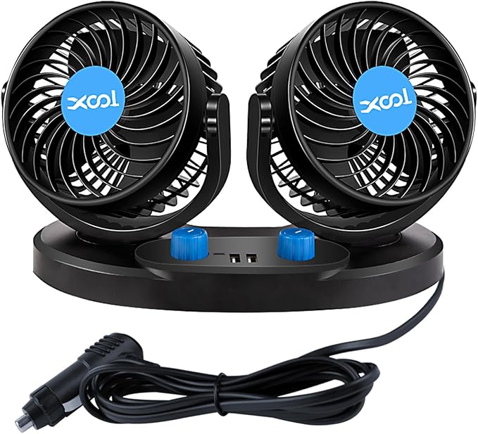 XOOL 12V Car Fan, 360 Degree Rotatable Electric Car Fans, 2 Speed Dual Head Fans with 2 USB Charging Ports, Quiet Strong Cooling Air Fan for Truck Vehicle Boat Van SUV RV
