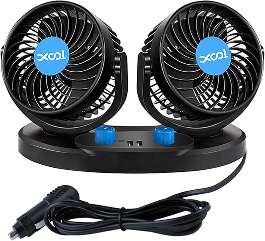XOOL 12V Car Fan, 360 Degree Rotatable Electric Car Fans, 2 Speed Dual Head Fans with 2 USB Charging Ports, Quiet Strong Cooling Air Fan for Truck Vehicle Boat Van SUV RV