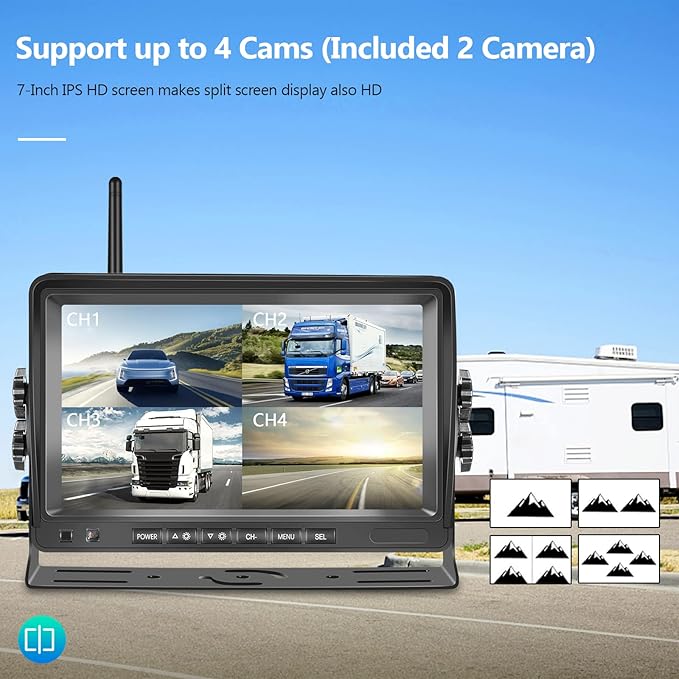 Wireless Dual RV Backup Camera system, Hodozzy 7-inch Recording Monitor 2 Reversing Cameras Loop Recording with SD Card, Sunshade Design Waterproof Night Vision Wireless Reverse Camera 12V-36V for Car