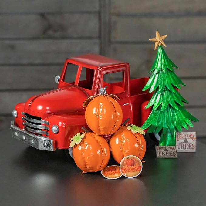 Zaer Ltd. Metal 18.5" Long Multi-Seasonal Christmas and Harvest Pickup Truck with Metal Tree, Pumpkins, and Matching Side-Magnet Sets (Glossy Red)