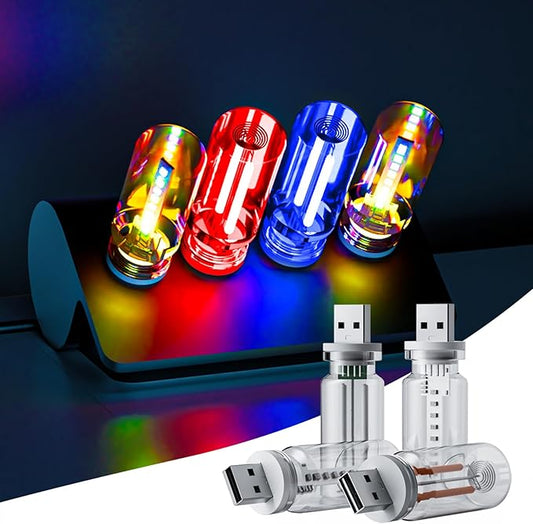 4 PCS USB Night Light Bulb, Portable Plug-in Retro Car Interior Ambient Lights, Mini Touch Dimmable Glass Bottle LED Bulb for Vehicle, Bedroom, Hallway, Camping, Holiday(2RGB&1Red&1Blue)