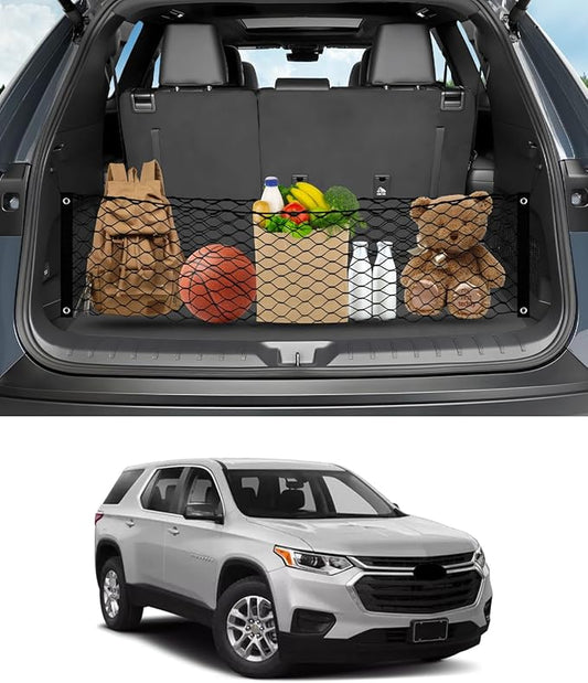 Karltys Envelope Style Cargo Net for 2018-2024 2025 2026 Chevy Traverse Accessories, Elastic Rear Trunk Mesh Cargo Net for Traverse Heavy Duty Nylon Mesh Storage Netting with Metal Hooks