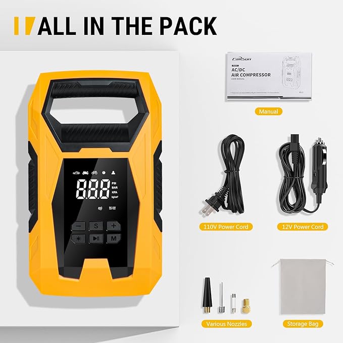 CARSUN AC/DC Tire Inflator Portable Air Compressor, Dual Power for Home 110V AC and Car 12V DC Air Pump with Pressure Gauge, Auto Shutoff, Tire Pump for Car Motorcycle Bicycle and Other Inflatables