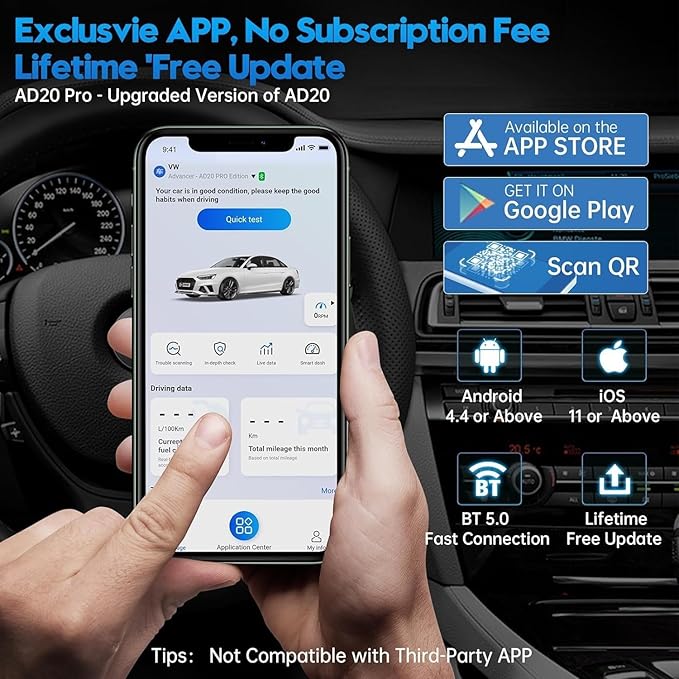 XTOOL Advancer AD20 Pro Wireless OBD2 Scanner Diagnostic Tool, Car Code Reader for iPhone & Android, All System Scan Tool with Free Updates - Check Engine, Oil Reset, Performance Test, Battery Test
