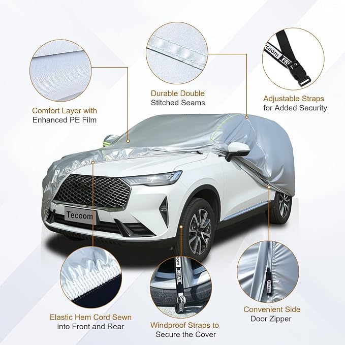 Tecoom SUV Car Cover Waterproof All Weather, Outdoor & Indoor Full Exterior Windproof UV Sun Rain Snow Hail Protection Covers with Zipper Door & Lock, Fit for SUV 216-230 Inches