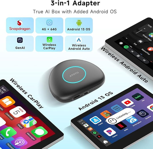 【Full Android OS | 4G LTE | GPS】 Smart AI Box CarPlay - Magic Portable Head Unit Box with AI Voice Assistant - Support OBD II Scanner, Android Auto Wireless CarPlay Adapter, Car Video Play