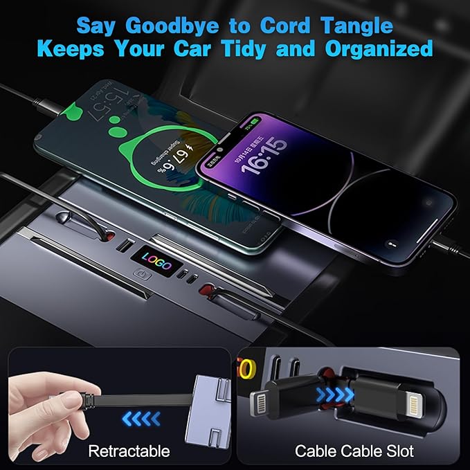 USB Hub for 2025 2026 Tesla Model Y Juniper 2024 2025 Tesla Model 3 Highland, Retractable Cable Fast Car Phone Charger, Tesla Center Console Accessories (Retractable Type-C & Lightning)