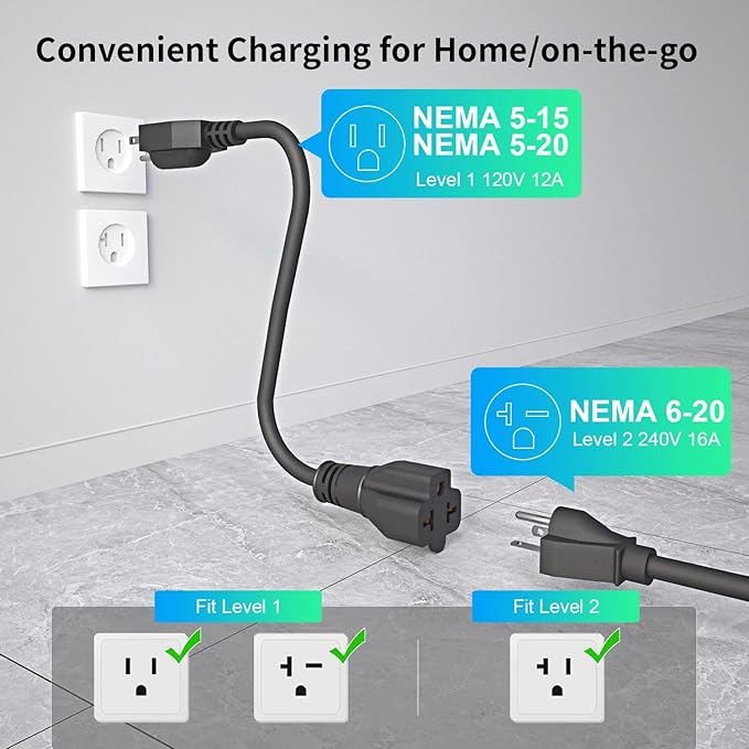 Tesla Level 1/2 EV Charger,16A Electric Car Mobile Charger for Tesla 25ft Cable with 240V NEMA 6-20 Plug, 120V NEMA 5-15 Adapter, NACS Connector, Home Portable Wall Charger for Tesla ModelY/3/S/X