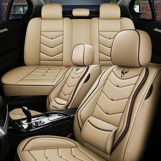 5 Seat Covers for Honda Civic 2003-2026 Leather Waterproof Breathable Car Seat Covers, Interior Accessories Seat Cover Cushion Airbag Compatible (Beige, Standard)