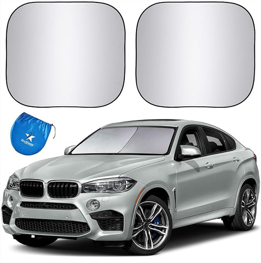 EzyShade Windshield Sun Shade with Shield-X Reflective Technology. See Size-Chart with Your Vehicle. Foldable 2-Piece Car Sunshades Reflect UV Sun and Heat and Protect Your Car. Standard (Medium) Size
