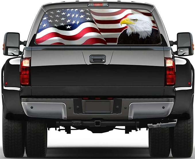 Truck Rear Window Decal Wrap Size 66" x 20" American Flag Eagle Graphic Perforated Vinyl Sticker Patriotic Decoration Fit Most Pickup Trucks SUV