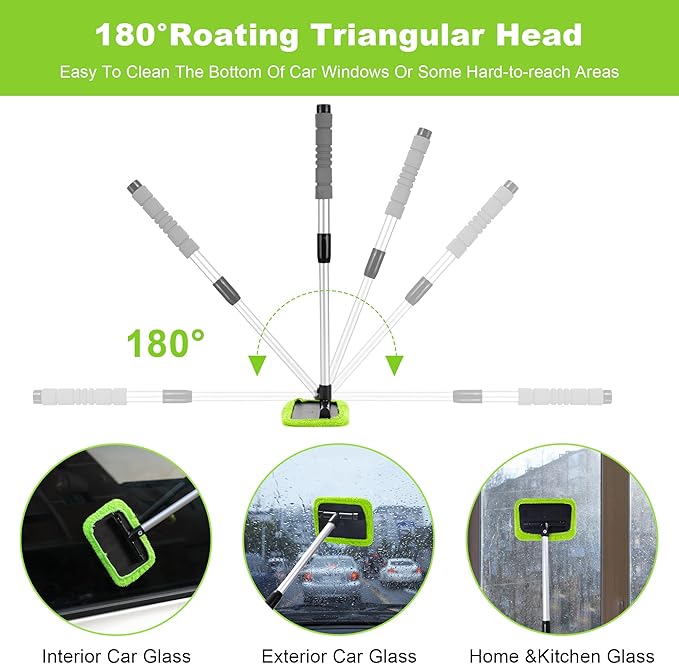 XINDELL Windshield Cleaning Tool for Car – 22inch Extendable Handle Window Cleaner with Reusable Microfiber Pads, Streak-Free Interior & Exterior Auto Glass Cleaner (Green)