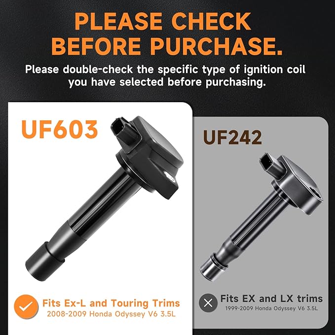 Motorevo Ignition Coil Pack Set of 6 Compatible with Honda Accord 2008-2012, Odyssey 2008-2017, Crosstour 2012 & Acura TL 2009-2014, RL 2009-2012, TSX 2010-2014 - V6 3.5L 3.7L Replace OE# UF603 C1624