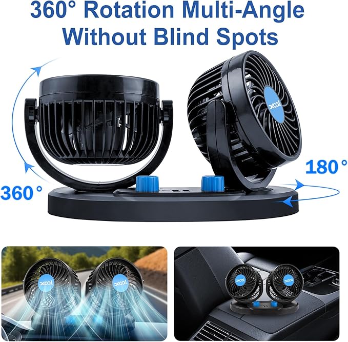 XOOL 12V Car Fan, 360 Degree Rotatable Electric Car Fans, 2 Speed Dual Head Fans with 2 USB Charging Ports, Quiet Strong Cooling Air Fan for Truck Vehicle Boat Van SUV RV