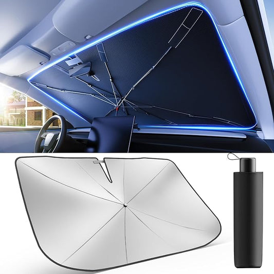 [2025 Upgrade] Weektic Windshield Sun Shade Umbrella for Car [Ultimate Cooling & Urethane Coated] Car Sun Shade Protect Interior from Sun Rays & Keep Cool X-Large (64" L x 34" W)