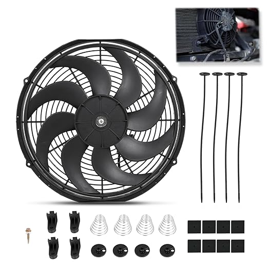 Universal 16 Inch Black Slim Radiator Cooling Fan 12V 100W Push Pull with Mount Kit – Fits Radiators for Vehicles, Cars, Trucks