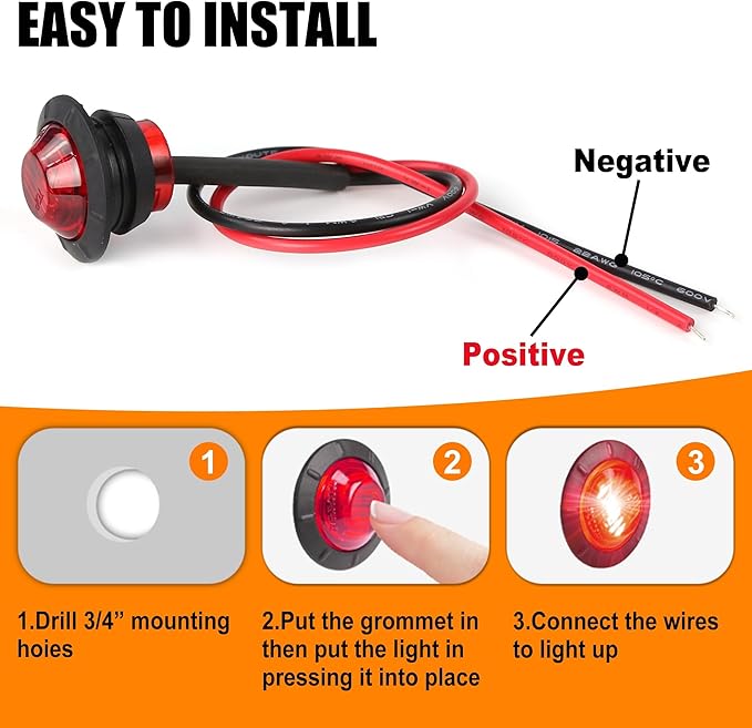 ALFU 10PCS Red 3/4" 12V LED Boat Interior Lights Marine Navigation Lights Clearance Marker Lights Round Bullet Side Indicator Lamps for Truck, Trailer, RV, Van, Boat, Bus, Caravan