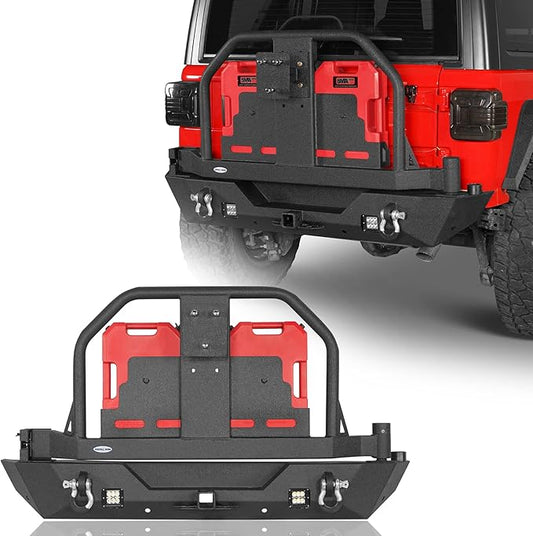 Hooke Road Wrangler JL Rear Bumper w/Swing Out Tire Carrier & 2 Gasoline Cans for 2018-2025 Jeep Wrangler JL 2/4 Door, Offroad Steel Bumper w/Hitch Receiver & D-rings