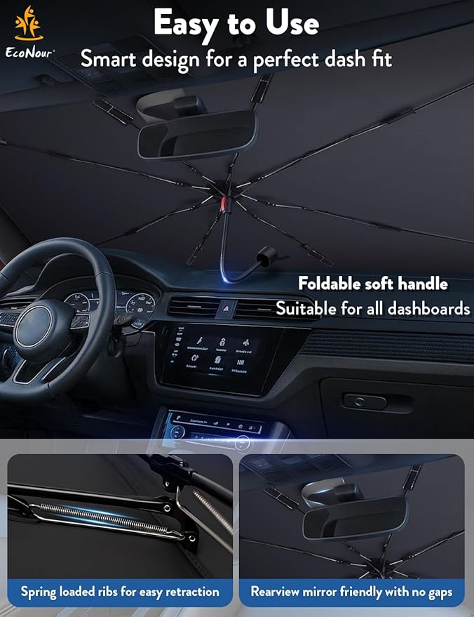 [2025 Upgraded] Econour Premium Windshield Umbrella Sun Shade | Foldable Car Window Shade for Front Windshield | Sun Blocker Visor Extender | Heat Protection for Sedans, SUVs, Trucks | Medium 57"x33"