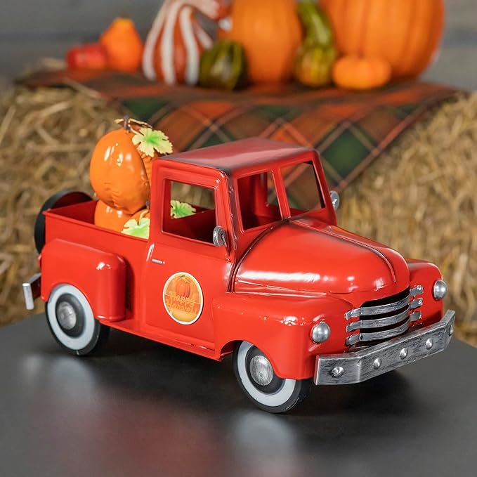 Zaer Ltd. Metal 18.5" Long Multi-Seasonal Christmas and Harvest Pickup Truck with Metal Tree, Pumpkins, and Matching Side-Magnet Sets (Glossy Red)