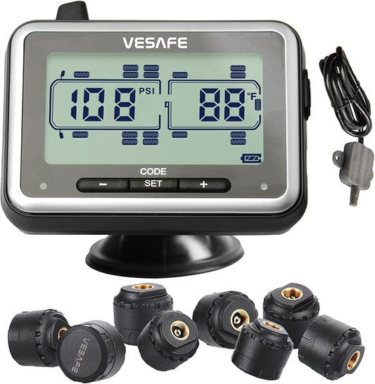 Vesafe TPMS, Wireless Tire Pressure Monitoring System for RV, Trailer, Coach, Motor Home, Fifth Wheel, Including a Signal Booster and 8 Anti-Theft sensors.