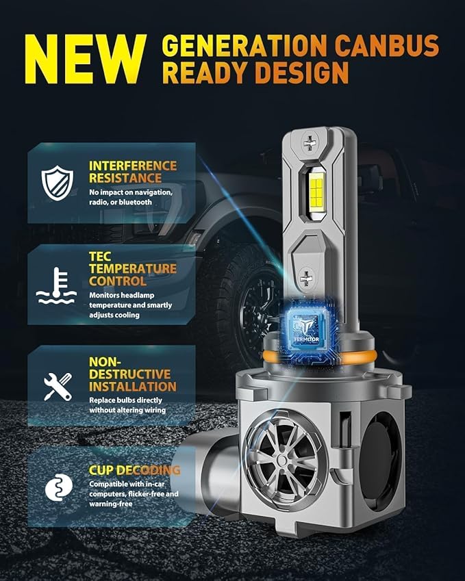 Latest 9005/HB3 Light Bulbs, 40,000LM 900% Ultra Brightness, 1:1 Halogen Size, 6500K Cool White, 10-Year Long Service Life Fog Light with Cooling Fan, Plug and Play, Pack of 2