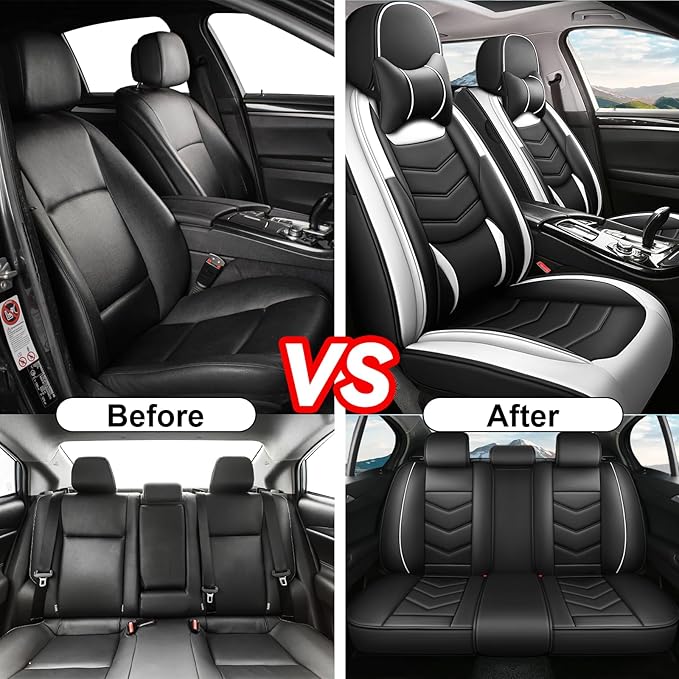 Car Seat Covers Fit for Subaru Crosstrek 2016-2024 Seasonal Safeguarding Skin Friendly Leather Fabric Seat Covers of Nappa Leather High Rebound Sponge Protectors,2 Pcs Front with Pillow,Black White