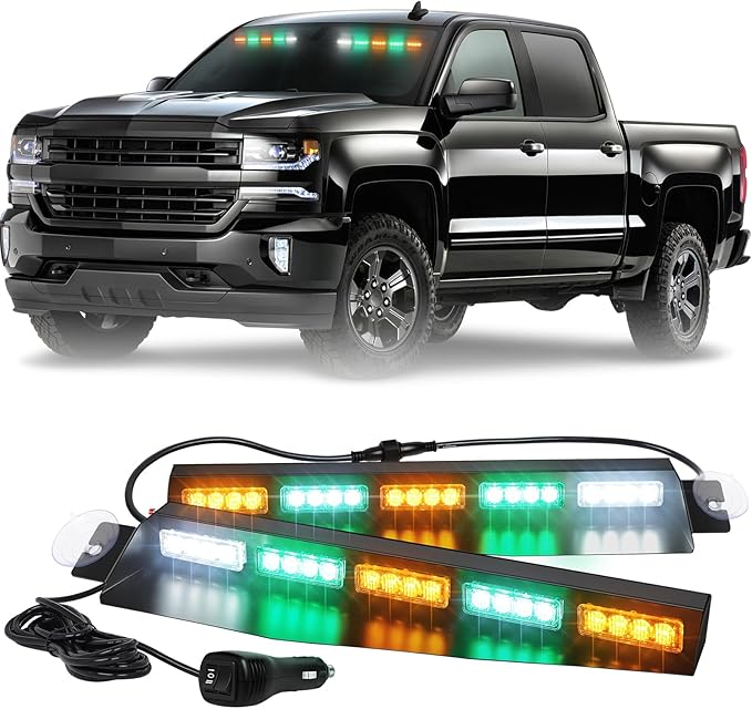 XRIDONSEN 34 inch Amber Green White Emergency Visor Strobe Lights 40 LED Warning Flashing Hazard Safety Interior Front Windshield Lights Deck Split w/Take Down for Trucks Construction Vehicles