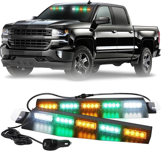XRIDONSEN 34 inch Amber Green White Emergency Visor Strobe Lights 40 LED Warning Flashing Hazard Safety Interior Front Windshield Lights Deck Split w/Take Down for Trucks Construction Vehicles
