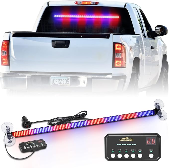 XRIDONSEN 35 inch Traffic Advisor Police Light Bar 144 LED Red Blue Police Lights Emergency Strobe Warning Flashing Safety Interior Windshield w/Directional Arrow for Law Enforcement Vehicles Trucks