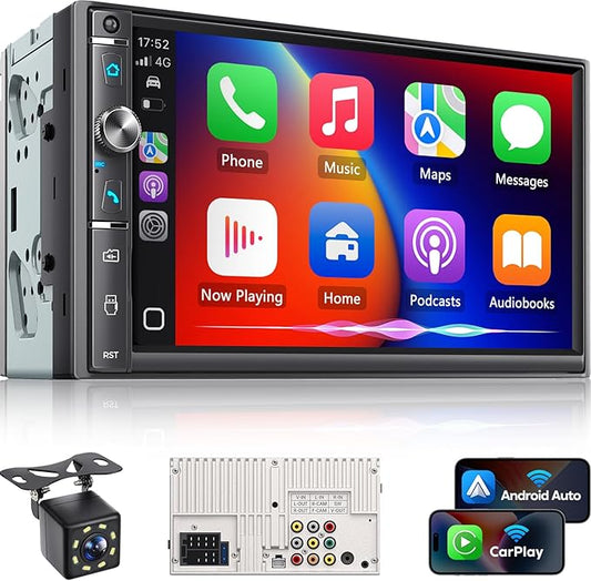 Double Din Car Stereo with 7" HD Touchscreen, Wireless Apple Carplay & Android Auto, Bluetooth, 240W, SWC, Subwoofer Output, Mirror Link, FM/AM Car Radio Receiver, Backup Camera