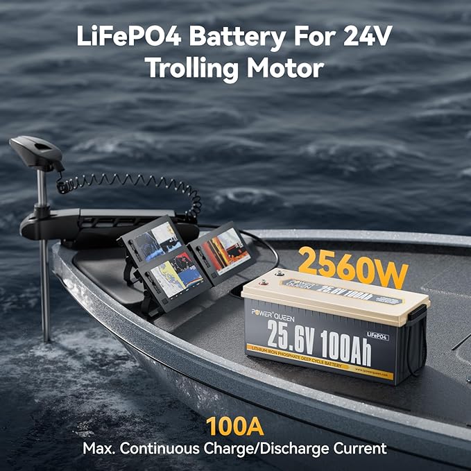 Power Queen 24V 100Ah LiFePO4 Battery 2.56kWh Deep Cycle Lithium Battery with Longer Runtime, 100A BMS, 4000-15000 Cycles, 2.56kW Max Load Power for Solar Storage System, Marine, Backup Power