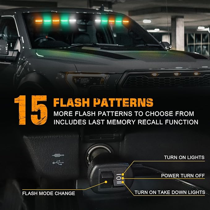 XRIDONSEN 34 inch Amber Green White Emergency Visor Strobe Lights 40 LED Warning Flashing Hazard Safety Interior Front Windshield Lights Deck Split w/Take Down for Trucks Construction Vehicles