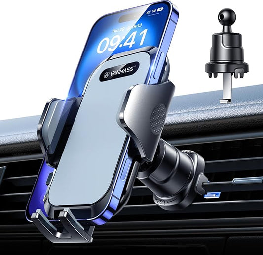 VANMASS Car Phone Holder Mount 2025 Upgraded [Patent Steel-Hook] Car Vent Phone Mount Clip Military-Grade Shockproof Cell Phone Car Mount Handsfree Truck Stand Vent Cradle for iPhone 16 Android,Grey
