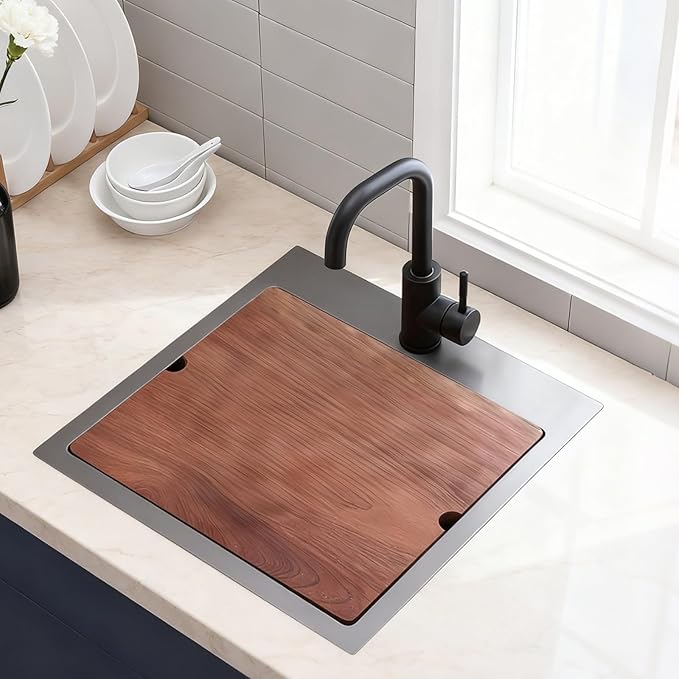 Gunmetal Black 18x18 Drop In Bar Sink, Stainless Steel Workstation Topmount Kitchen Prep RV Sink with Cutting Board, 9 Inch Deep Single Bowl