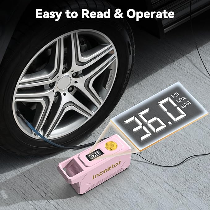 150 PSI Tire Inflator Portable Air Compressor, 12V DC Auto Shutoff Air Pump with Digital Pressure Gauge and Emergency LED Light for Car Tires, Bicycle & Balloons, Pink