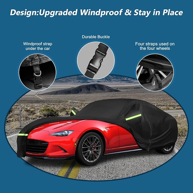 Waterproof Full Car Cover Custom Fit for Mazda Miata MX-5 1989-2023, All Weather OutdoorWindproof Heavy Duty Protection with Zipper and Soft Cotton Lining, Storage Bag(Black)