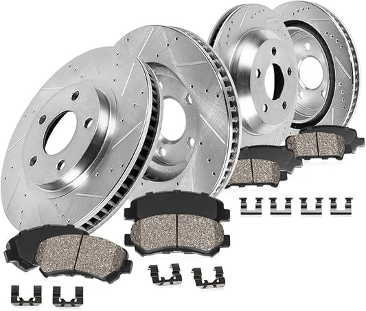Callahan BRAKE PARTS Front and Rear Drilled Slotted Brake Disc Rotors and Ceramic Brake Pads + Hardware Brake Kit For 1994-1998 Ford Mustang SN95