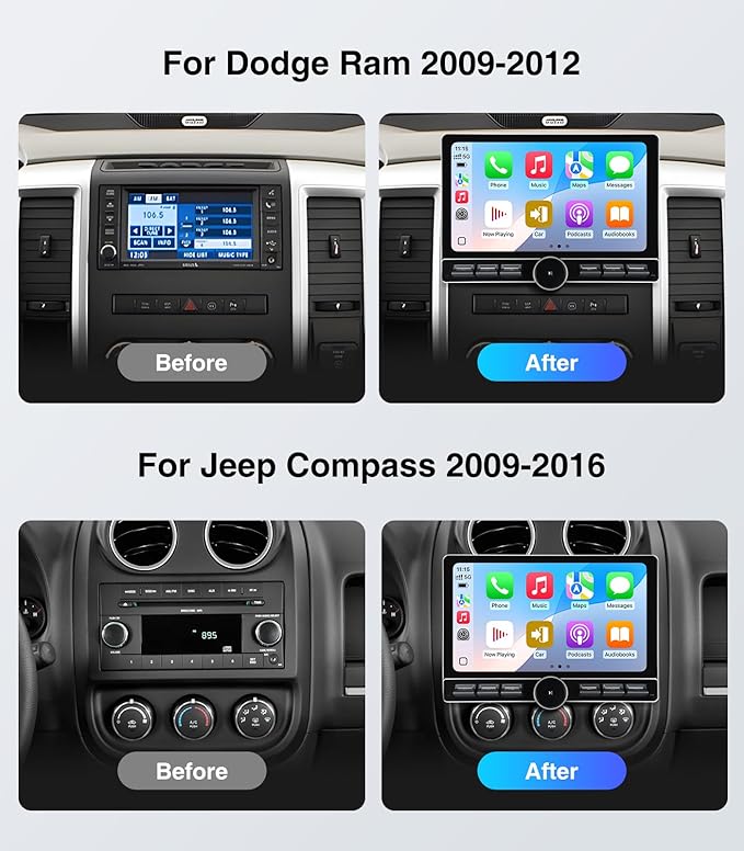 Car Stereo Radio Replacement Upgrade for Jeep Wrangler JK 2007-2018 Dodge Ram 1500 2500 2009-2012 Compass Grand Cherokee Wireless CarPlay Android Auto GPS Navigation Touchscreen Head Unit (6G+64G)