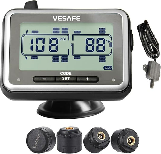Vesafe TPMS, Wireless Tire Pressure Monitoring System for RV, Trailer, Coach, Motor Home, Fifth Wheel, Including a Signal Booster and 4 Anti-Theft sensors.
