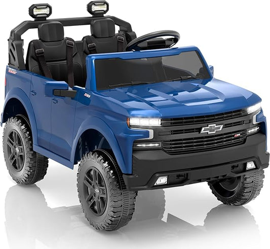 Licensed Chevrolet Silverado 2 Seater Electric Car, 24V Ride on Car for Big Kids with Remote Control, Toddler Ride on Toy w/4 Wheels Suspension, LED Lights, Bluetooth (Blue)