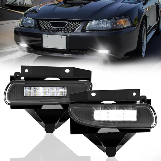 Fog Lights Assembly Compatible with 1999-2004 Ford Mustang, Bumper Driving Fog lamp Assembly Replacement (LED Fog Lights)