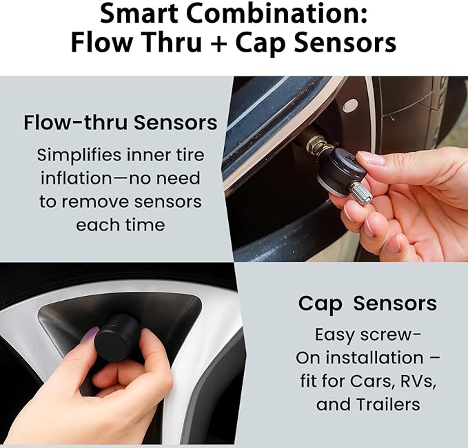 GUTA Tire Pressure Monitoring System, Full-Color Touchscreen RV TPMS with 2 Flow Thru & 8 Cap Sensors, 6 Alert Modes, Signal Booster, Tire Pressure Monitor for Trailer, Camper, 5th Wheel (0-188PSI)