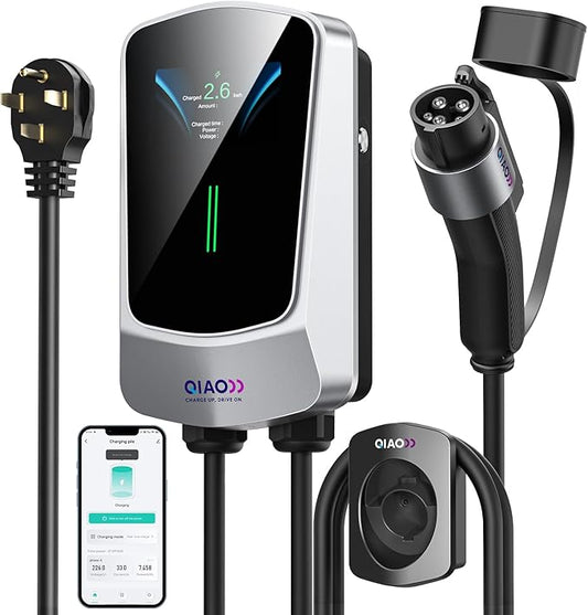 QIAO Level 2 EV Charger, Up to 40A Electric Car Charger, Wi-Fi Bluetooth APP Enabled EVSE, 4.3in Display, 25ft Cable, NEMA 14-50 Plug Charge Station Compatible with All SAE J1772 EV Models White