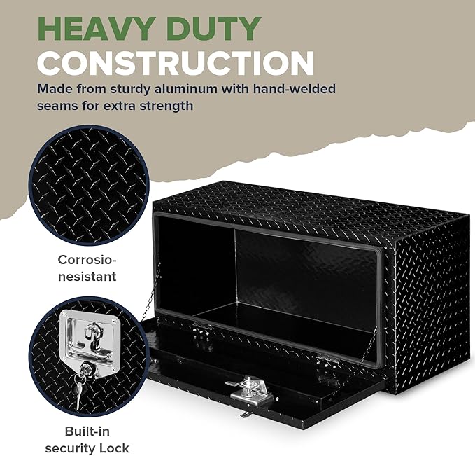 ARKSEN 36 Inch Heavy Duty Aluminum Diamond Plate Tool Underbody Box, Waterproof Square Truck Storage Organizer Chest for Pick Up Truck Bed, RV Trailer with T-Handle Lock and Keys - Black