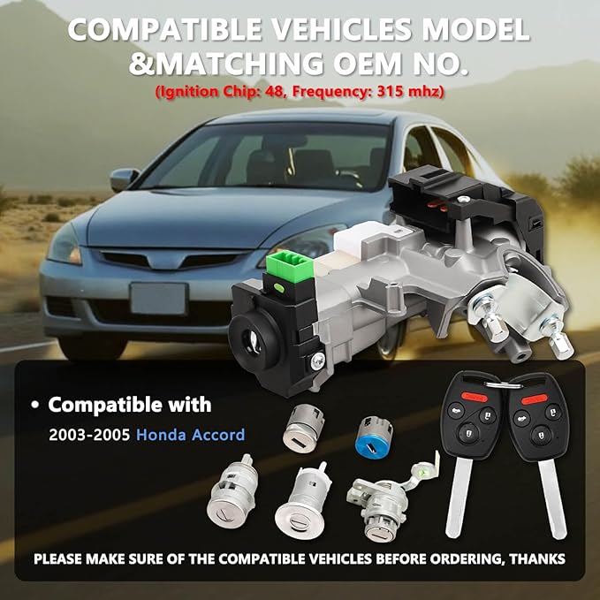 RAMATA Ignition Switch Lock Cylinder with Key (with Blank Chip) Compatible with 2003 2004 2005 Honda Accord (Ignition Chip: 48,Frequency: 315mHz)